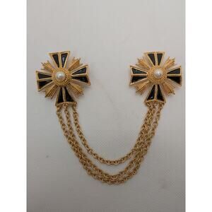 Vintage Monet Art Deco Maltese Cross Double Collar Brooch Black Gold Signed